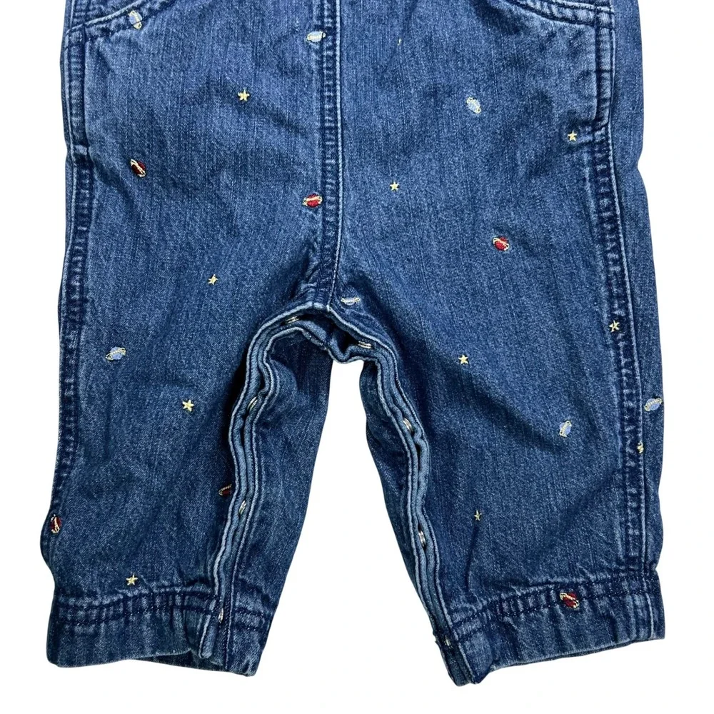 Vintage 2001 Gymboree Space Rocket Ship Denim Overalls Blue 3-6M Embroidered